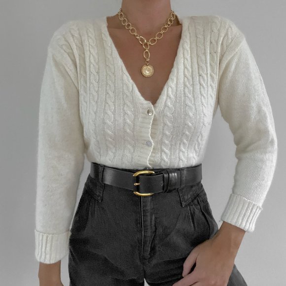 Vintage White Angora Cable Knit Cardigan Sweater - Picture 5 of 9